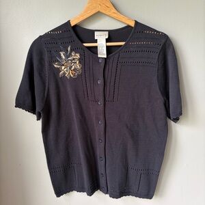 Vintage Koret Short Sleeve Cardigan Womens Size Small‎ Navy Embroidered Floral